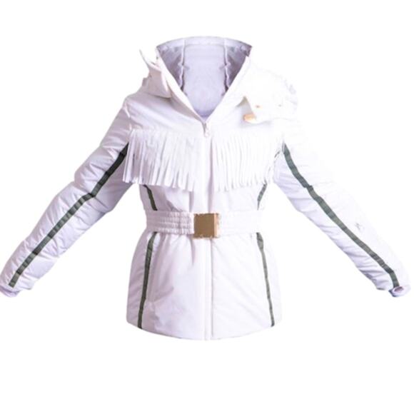 $165 XS 2 PRETTYLITTLETHING‎ SKI White Winter Fringe Belted Puffer Coat Jacket - Picture 1 of 5